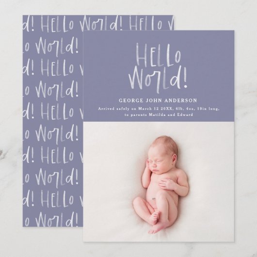 Moderne, minimale chic typografie lila fotogeboort aankondiging (Voorkant / Achterkant)