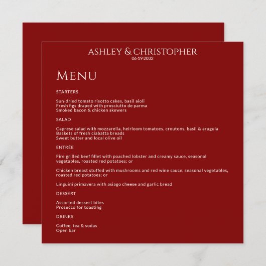 Moderne minimale Crimson rode bruiloft receptie Menu (Voorkant / Achterkant)