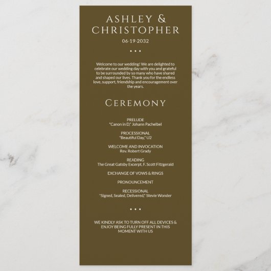 Moderne minimale donker brons bruiloft ceremonie programma (Voorkant)
