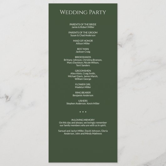 Moderne minimale donkere mos groene bruiloft cerem programma (Achterkant)