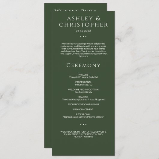 Moderne minimale donkere mos groene bruiloft cerem programma (Voorkant / Achterkant)
