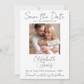 Moderne minimale Elegant Script White Grey Add Pho Save The Date (Voorkant)