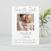 Moderne minimale Elegant Script White Grey Add Pho Save The Date (Staand voorkant)