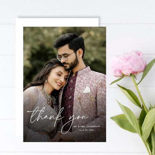 Moderne minimale elegante verticale foto bruiloft bedankkaart