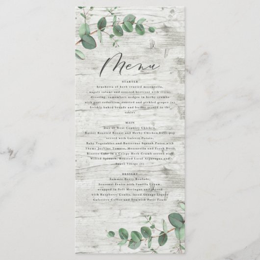 Moderne minimale eucalyptuswithoutbruiloft menu (Voorkant)