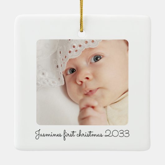 Moderne minimale foto baby's eerste kerst keramisch ornament (Achterkant)