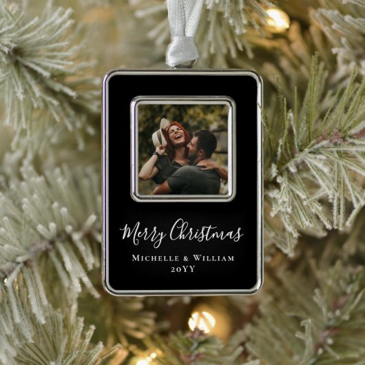 Moderne Minimale Foto Kerstscript Zwart Verzilverd Kader Ornament (Boom)