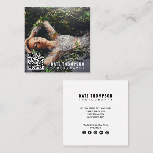 Moderne minimale foto-QR-code sociale media Vierkante Visitekaartje (Voorkant / Achterkant)