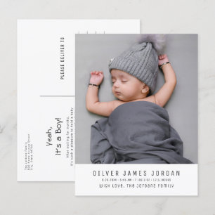 Moderne Minimale Geboorteaankondiging Foto Jongen Briefkaart