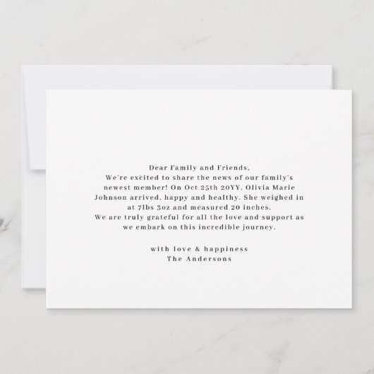 Moderne minimale geboorteaankondiging van Baby Bedankkaart (Achterkant)