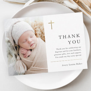 Moderne Minimale Gouden Kruis Foto Doop Dankjewel Briefkaart
