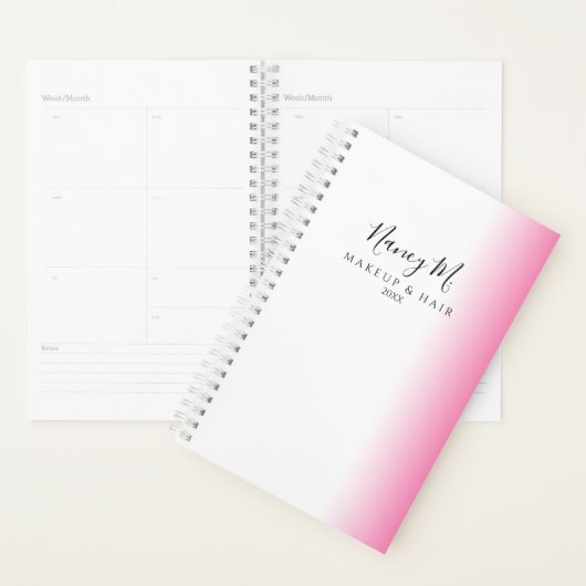 Moderne minimale gradiëntroze witte make-up & haar planner (Display)