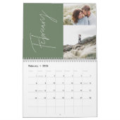 Moderne, minimale groene 2 fotofamilie elegant kalender (Feb 2026)