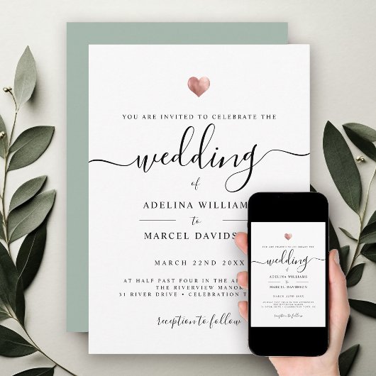 Moderne minimale kalligrafie Roos Gold Heart Weddi Kaart