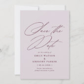 Moderne minimale kalligrafie Violet Lila bruiloft Save The Date (Voorkant)