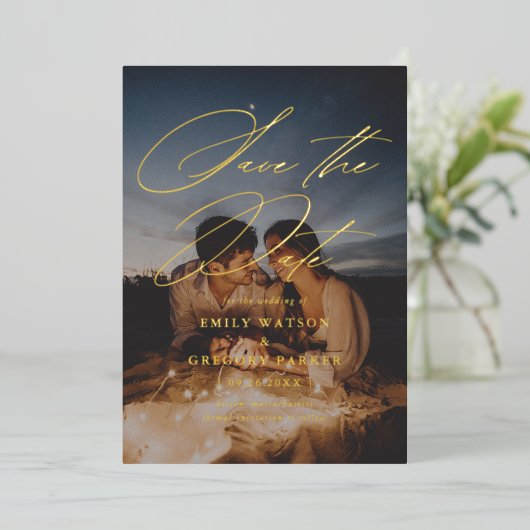 Moderne, minimale kalligrafieffoto bespaart de dat folie uitnodiging (Staand Voorkant)