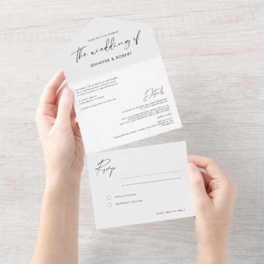 Moderne minimale kalligrafiescript bruiloft all in one uitnodiging (Afscheurbaar)