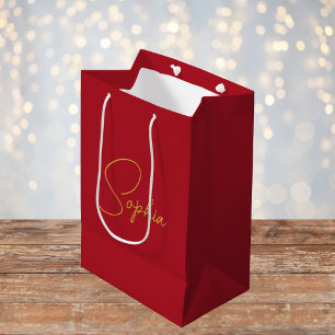 Moderne minimale kerst rode aangepaste naam cadeau medium cadeauzakje