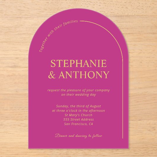 Moderne minimale magenta met wapenweddenschap acryl uitnodigingen (Voorkant)