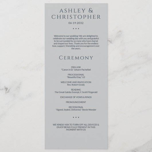 Moderne minimale marine & grijze bruiloft ceremoni programma (Voorkant)