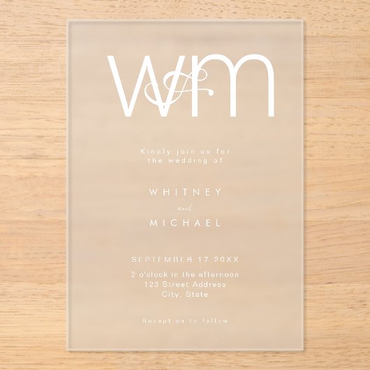 Moderne minimale monogram bruiloft acryl uitnodigingen (Voorkant)