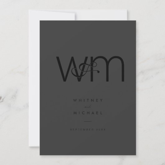 Moderne Minimale Monogram Matte Black Wedding Kaart (Voorkant)