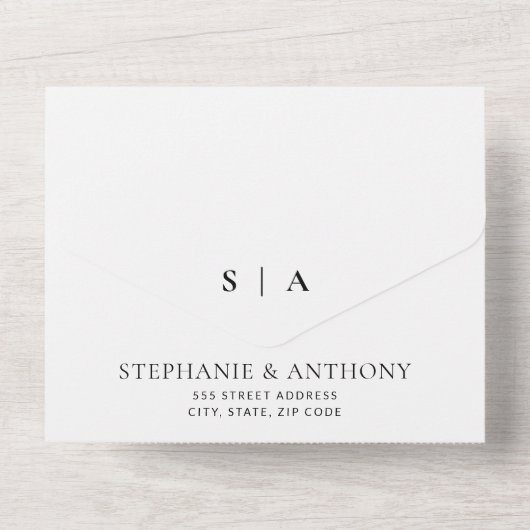 Moderne minimale monogram zwart en witbruiloft all in one uitnodiging (Achterkant)