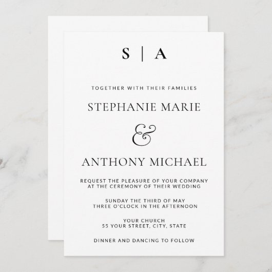 Moderne minimale monogram zwart en witbruiloft kaart (Voorkant / Achterkant)