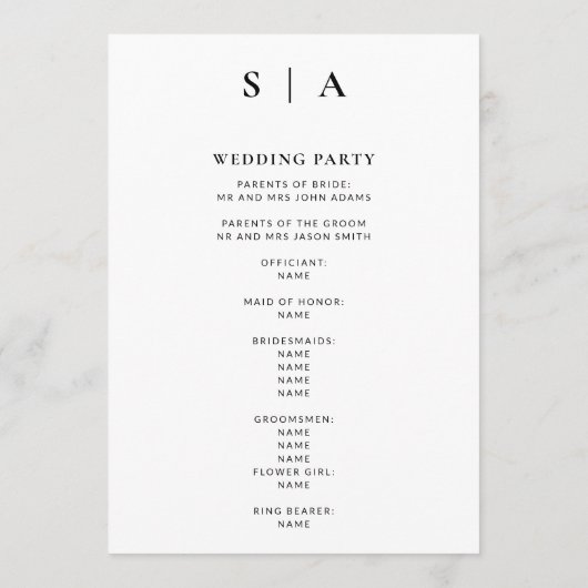 Moderne minimale monogram zwart en witbruiloft programma (Achterkant)