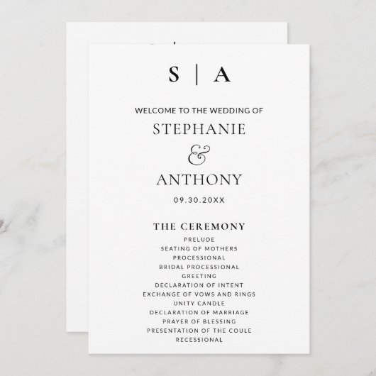 Moderne minimale monogram zwart en witbruiloft programma (Voorkant / Achterkant)