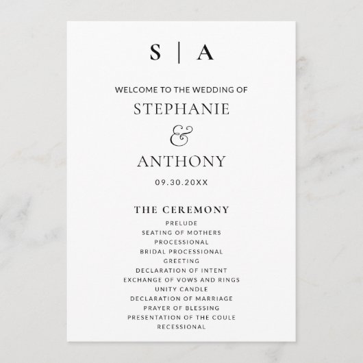 Moderne minimale monogram zwart en witbruiloft programma (Voorkant)