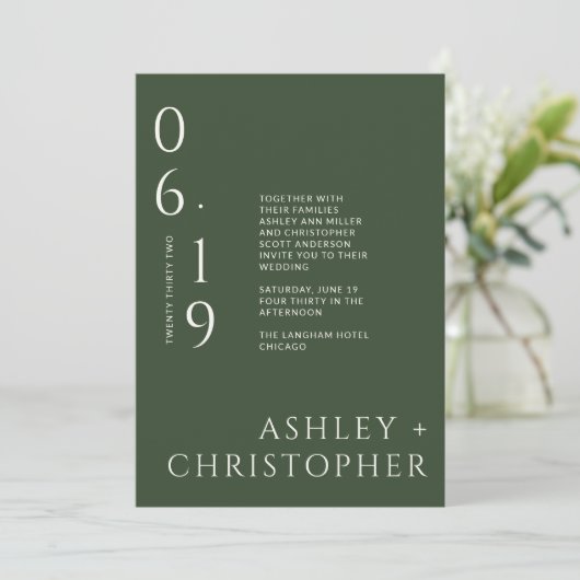 Moderne minimale mos groen split date bruiloft kaart (Staand voorkant)