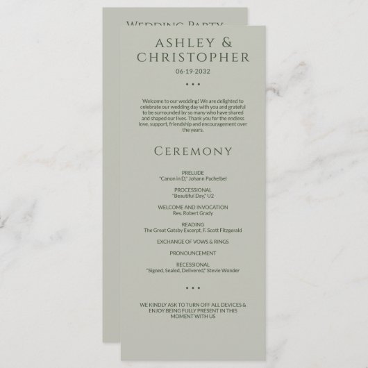 Moderne Minimale Mos & Sage Groene Huwelijksceremo Programma (Voorkant / Achterkant)