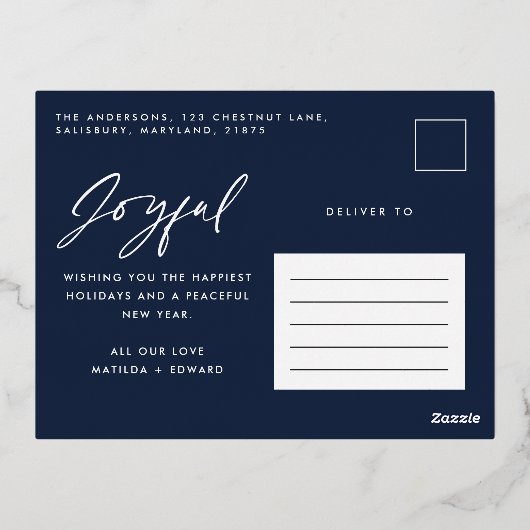 Moderne, minimale multi-foto kerstblauw met script folie feestdagen briefkaart (Achterkant)