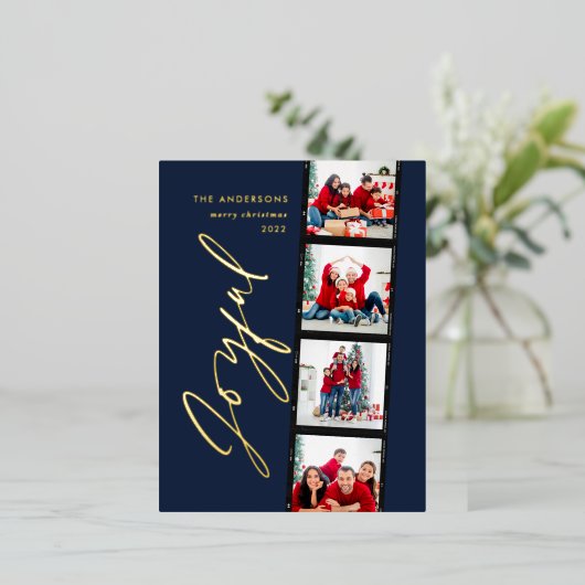 Moderne, minimale multi-foto kerstblauw met script folie feestdagen briefkaart (Staand Voorkant)
