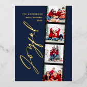 Moderne, minimale multi-foto kerstblauw met script folie feestdagen briefkaart (Voorkant)