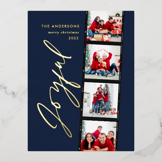 Moderne, minimale multi-foto kerstblauw met script folie feestdagen briefkaart (Voorkant)