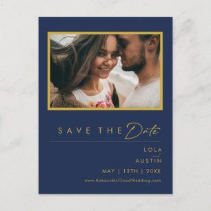 Moderne Minimale Navy Blauwe Gouden Foto Save The Uitnodiging Briefkaart