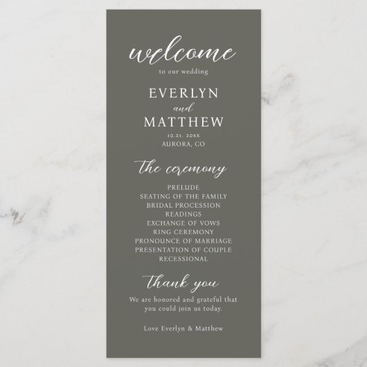 Moderne minimale Olive Gray Wedding Ceremony Progr (Voorkant)