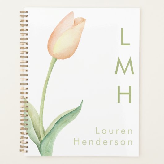 Moderne minimale perzik Waterverf tulp Monogram Planner (Voorkant)