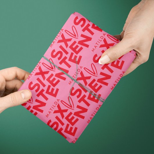 Moderne minimale rode roze typografie 16e verjaard cadeaupapier