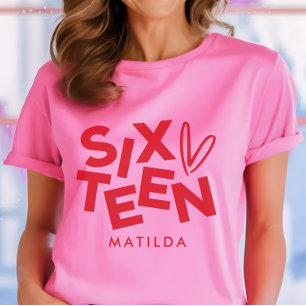 Moderne minimale rode roze typografie 16e verjaard t-shirt