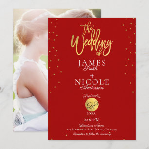 Moderne Minimale Rood & Goud Folie Foto Bruiloft Kaart