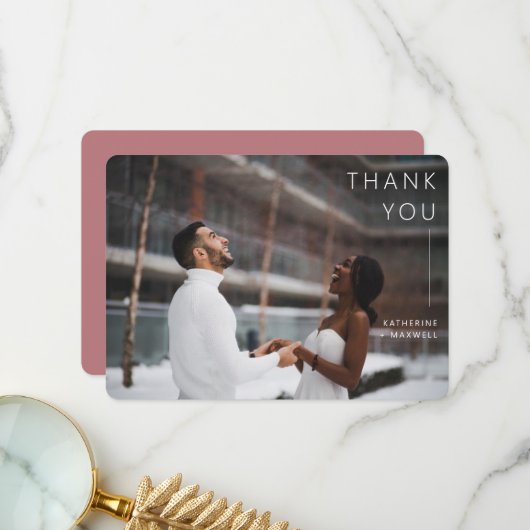Moderne, minimale Roos bruiloft foto Y Bedankkaart (Voorkant / Achterkant in situ)