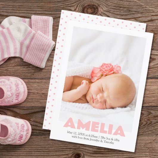 Moderne minimale roze meisje foto geboorte aankond aankondiging