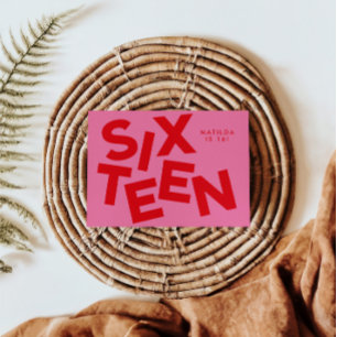Moderne minimale roze + rode typografie 16e verjaa kaart