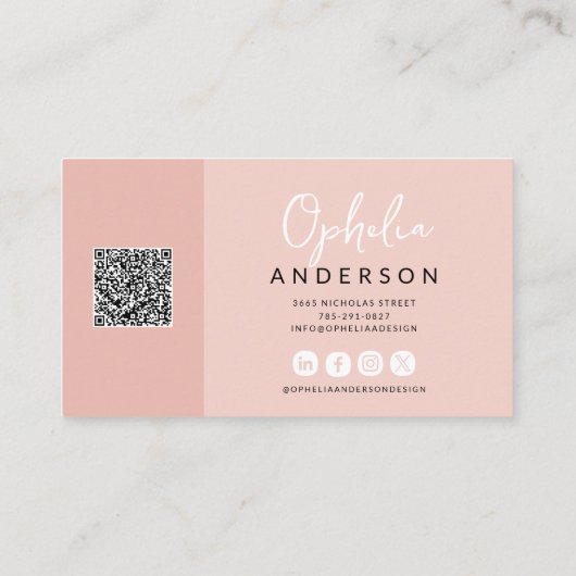 Moderne minimale roze script boho QRcode Visitekaartje (Achterkant)