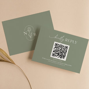 Moderne Minimale Sage Groene Boho Bruiloft QR Code RSVP Kaartje