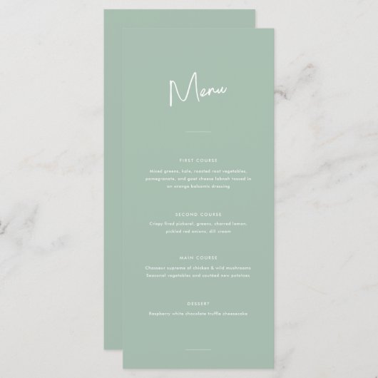 Moderne Minimale Sage Groene Script Bruiloft Menu (Voorkant / Achterkant)