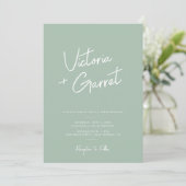 Moderne Minimale Sage Groene Script Foto Bruiloft Kaart (Staand voorkant)